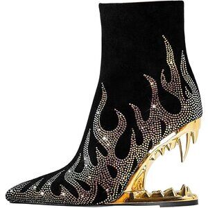 ✨ Adfukshaa Ankle Boots Women Gold Rhinestone Sparkling Flame Shark Teeth Boots